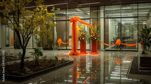 Obraz na płótnie Modern office lobby with vibrant orange decorations and plants. w salonie