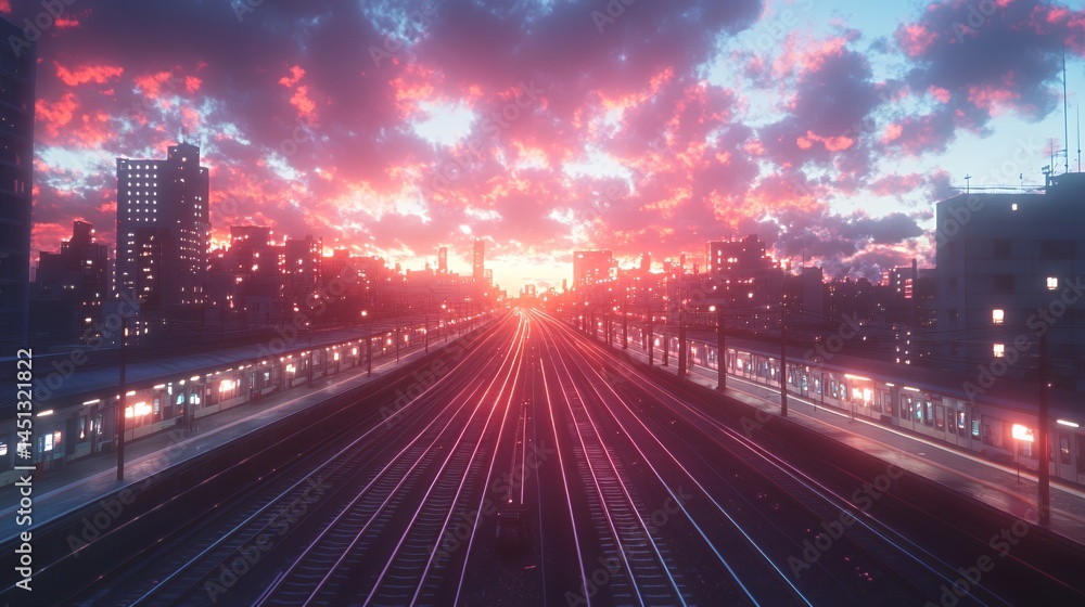 Fototapeta premium Dramatic sunset over urban railway tracks with vibrant colors and city silhouette.
