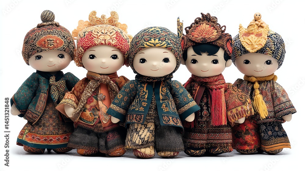 Traditional dolls dressed in cultural attire, white isolate background.