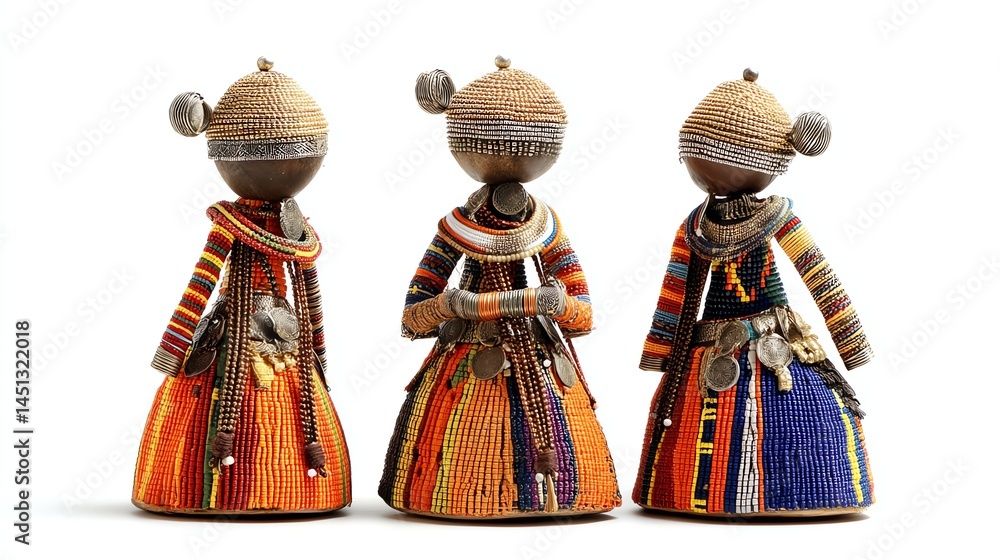 Three colorful traditional African dolls in elaborate clothing displayed on a white background.