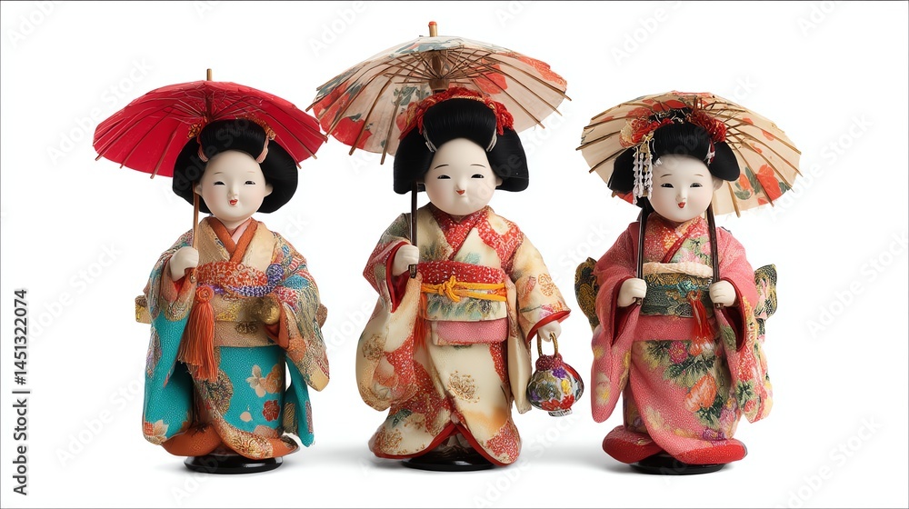 Traditional Japanese dolls with colorful kimonos and umbrellas on white background.