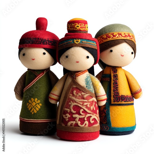Obraz na płótnie Three colorful dolls in traditional attire, decorative and charming, isolated background. w salonie