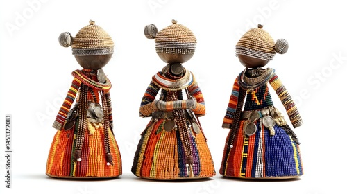 Obraz na płótnie Three colorful traditional African dolls in elaborate clothing displayed on a white background. w salonie
