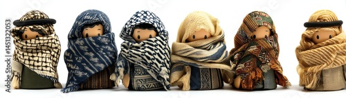Traditional dolls dressed in cultural attire, white isolate background.