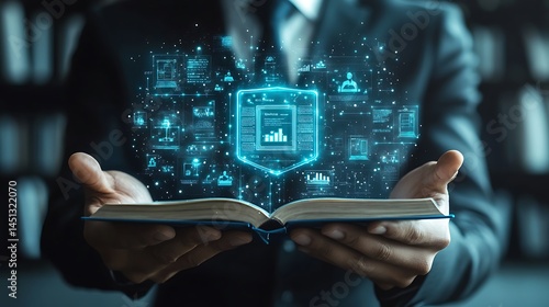 Businessman in formalwear engaging with a floating digital law icon glowing blue, surrounded by softly blurred images of courtroom scenes and a lawyer profile,