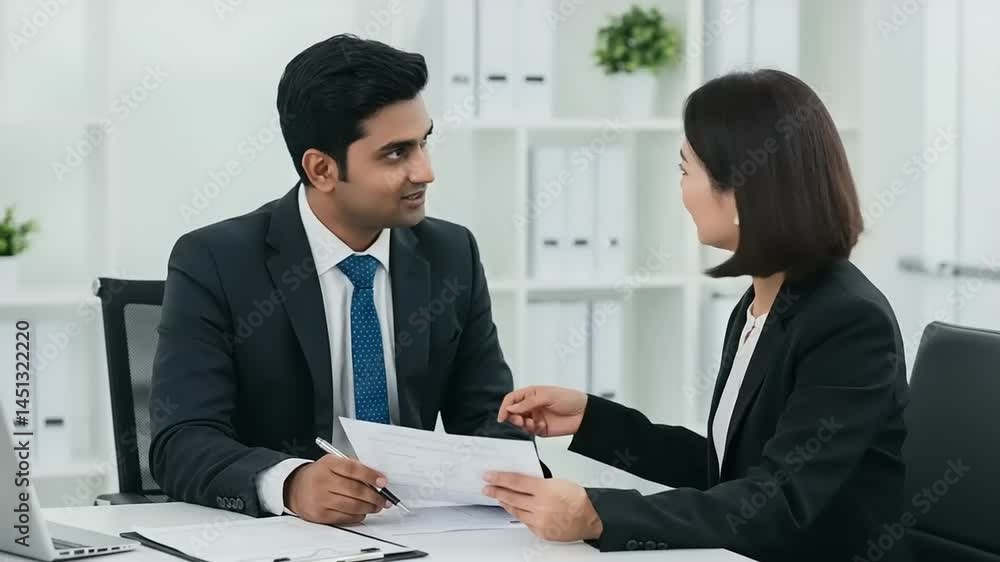 Business meeting between two professionals discussing documents in a modern office setting Business meeting between two professionals discussing documents in a modern office setting