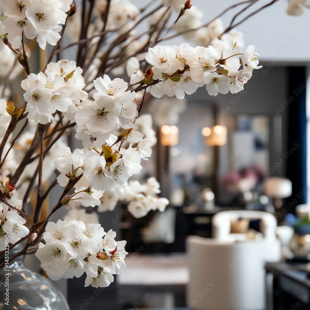Delicate white cherry blossoms in a stylish interior setting.