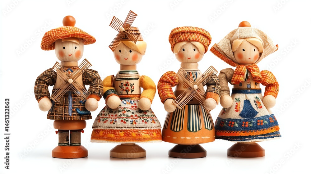 Traditional wooden dolls in colorful costumes, white isolated background.