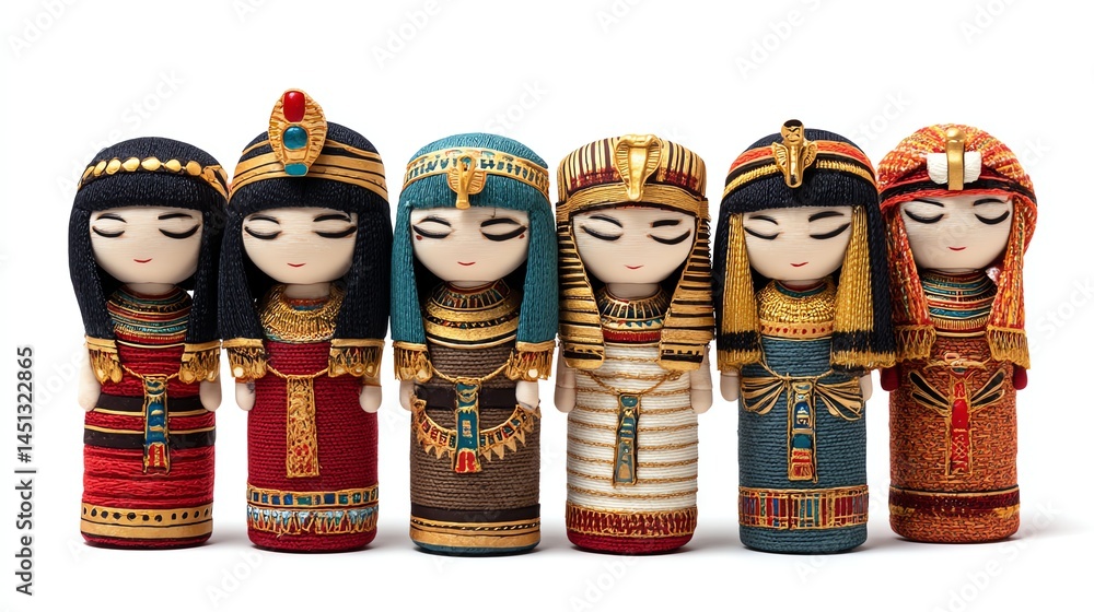 Traditional dolls representing ancient Egyptian queens, colorful, detailed artwork.
