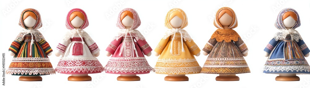 Traditional dolls with colorful attire, isolated on a white background.