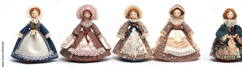 Collectible dolls in vintage attire, isolated on a white background.