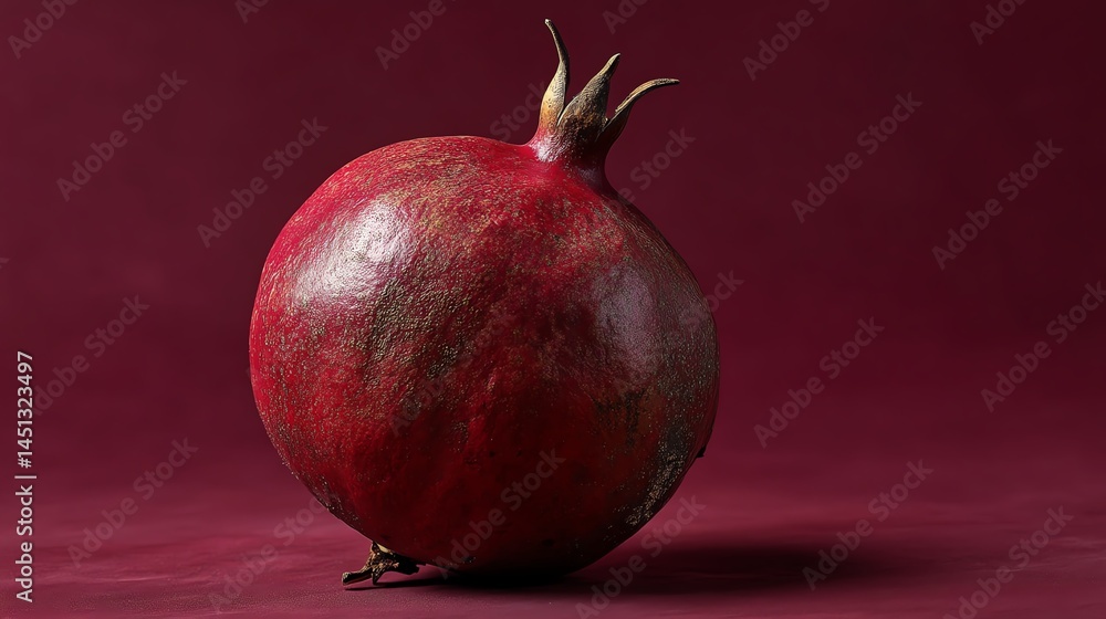 Pomegranate on a rich burgundy background, showcasing its vibrant color and texture.