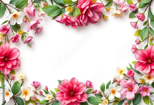 Elegant floral frame with vibrant blooms and lush greenery, perfect for wedding invitations or springtime designs, nature design, bloom