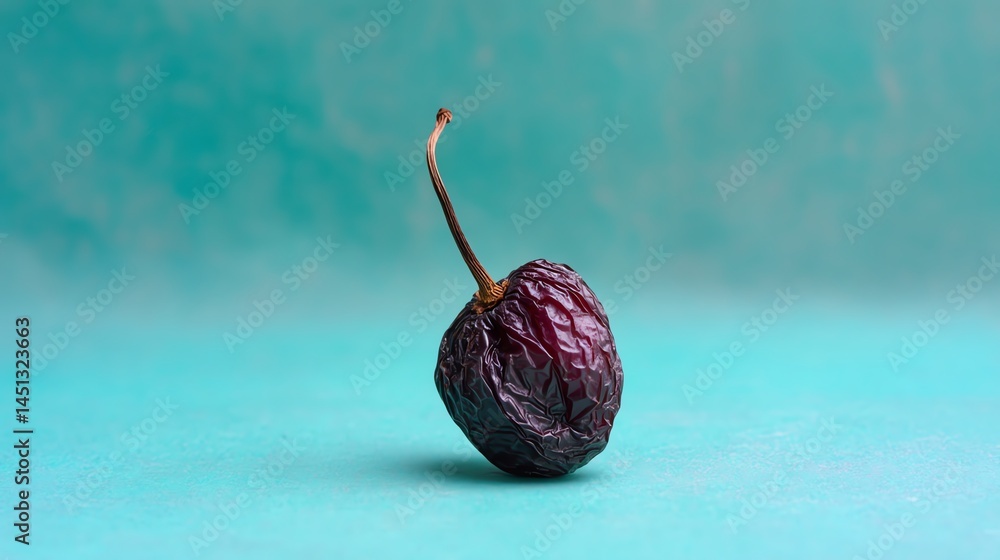 Single dried chili on a textured turquoise background, isolated.