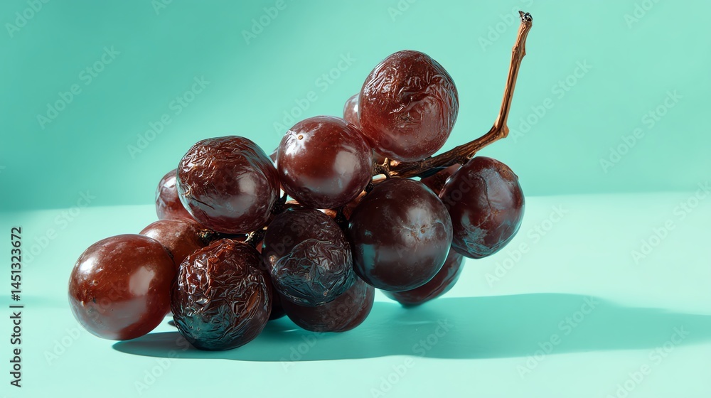 Fresh dark red grapes arranged on a turquoise background.
