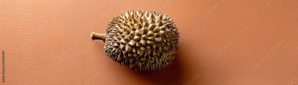 Durian fruit with spiky exterior, placed on a brown surface.