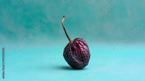 Single dried chili on a textured turquoise background, isolated.