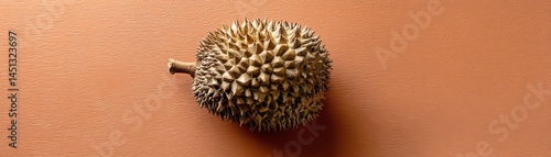 Obraz na płótnie Durian fruit with spiky exterior, placed on a brown surface. w salonie