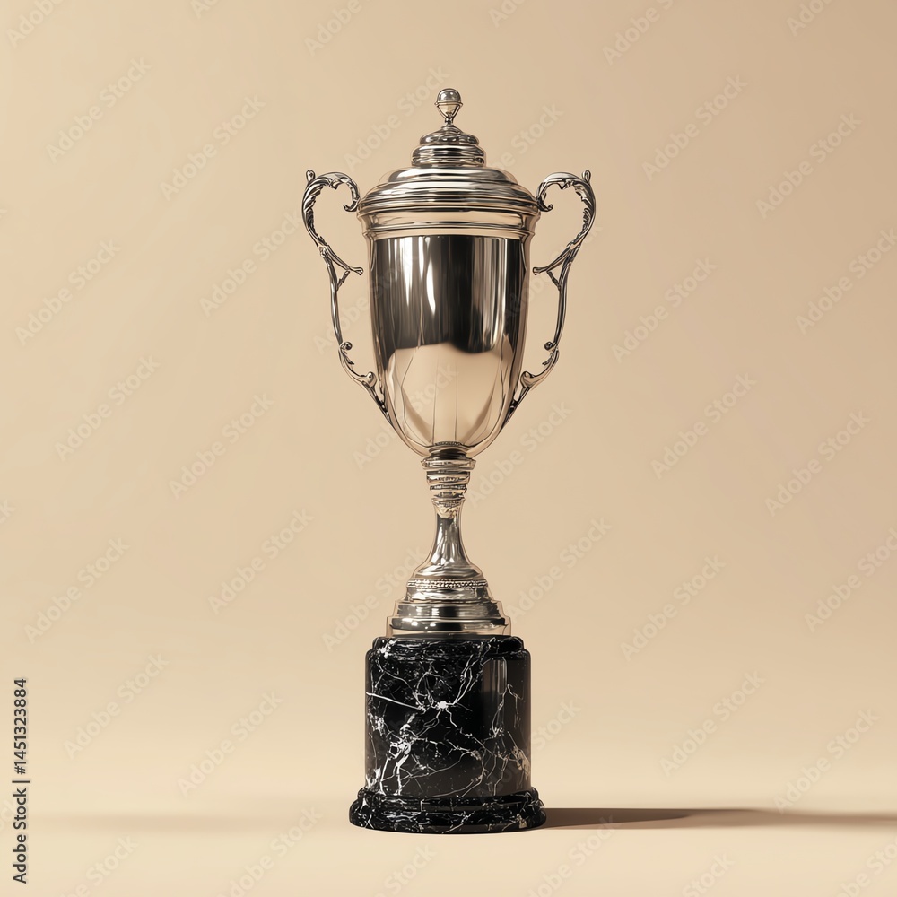 Shiny silver trophy with a dark marble base on a neutral background.
