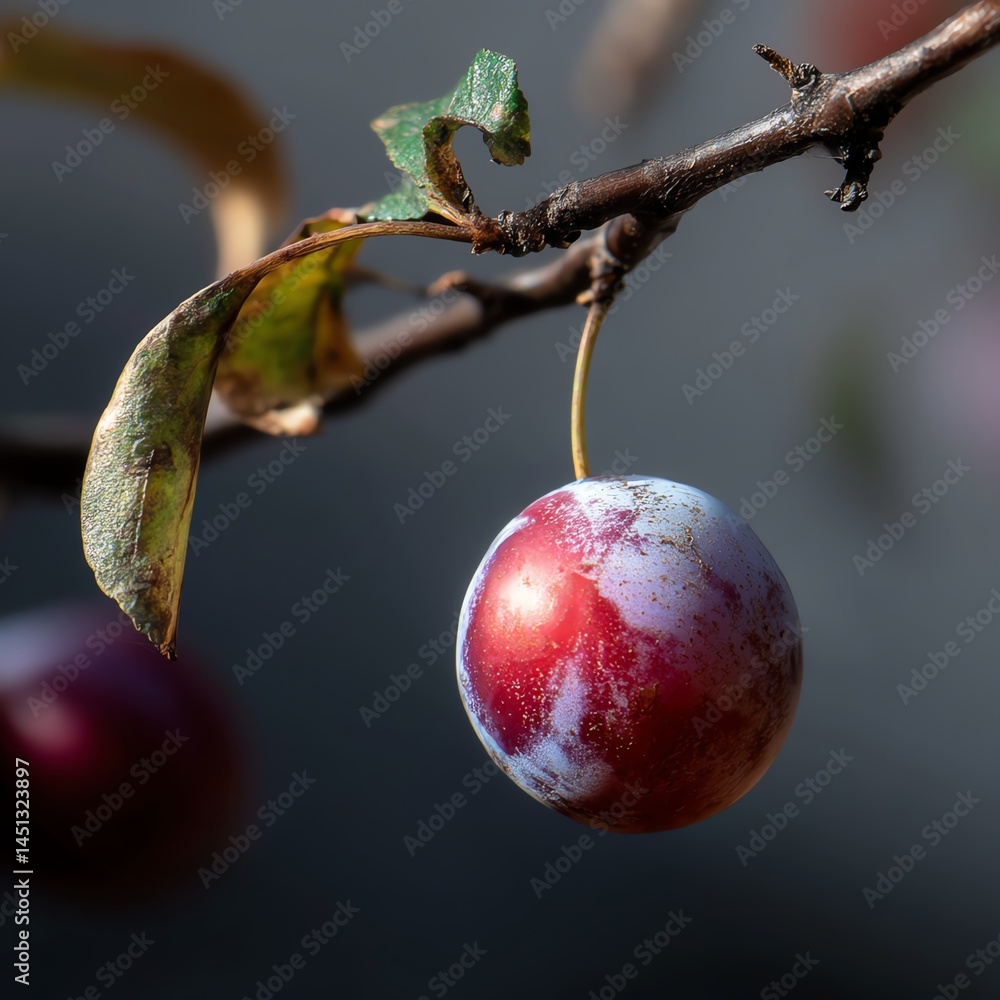 Single red and purple fruit on branch with leaves, white isolate background
