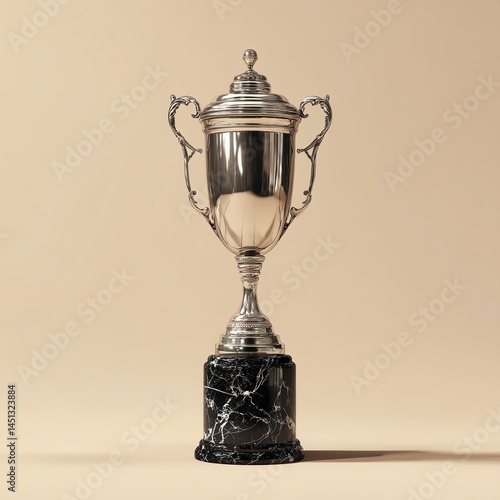 Obraz na płótnie Shiny silver trophy with a dark marble base on a neutral background. w salonie