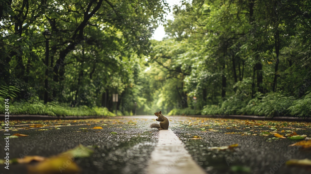 Squirrel sitting on a road surrounded by lush green trees.
