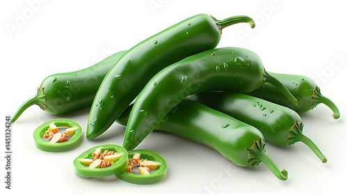 green hot chili peppers with slices isolated on white background HD 8K wallpaper Photographic Image
