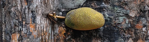 Obraz na płótnie Green jackfruit on tree bark, showcasing natural texture and vibrant color. w salonie