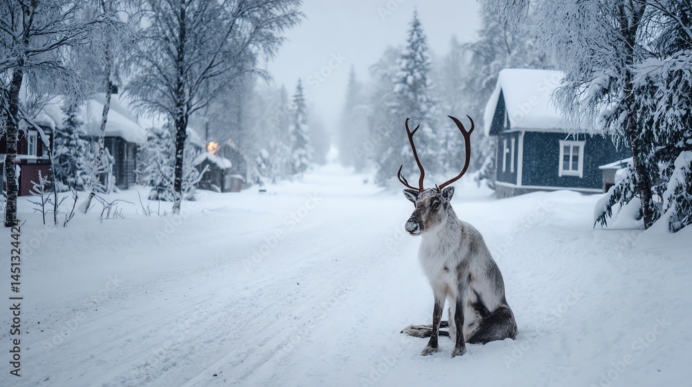 Reindeer sitting on a snowy street in a forested winter landscape.