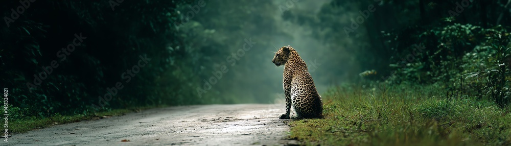 A solitary bear sitting on a forest trail surrounded by lush greenery.