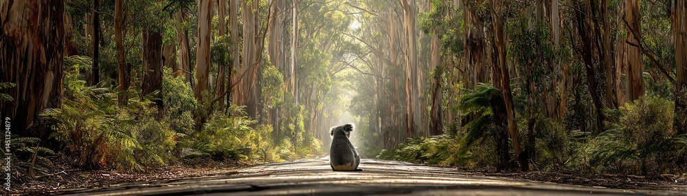 A koala sitting on a road in a beautiful forest.