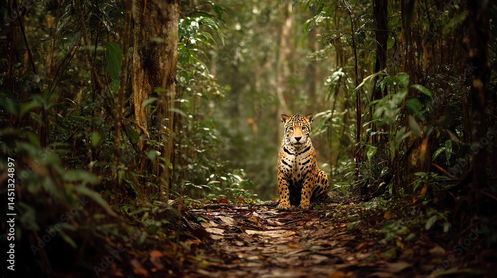 Jaguar in lush rainforest, captivating and alert, surrounded by vibrant greenery.