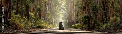 Obraz na płótnie A koala sitting on a road in a beautiful forest. w salonie