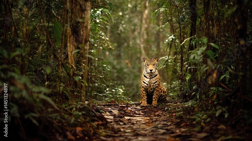 Obraz na płótnie Jaguar in lush rainforest, captivating and alert, surrounded by vibrant greenery. w salonie