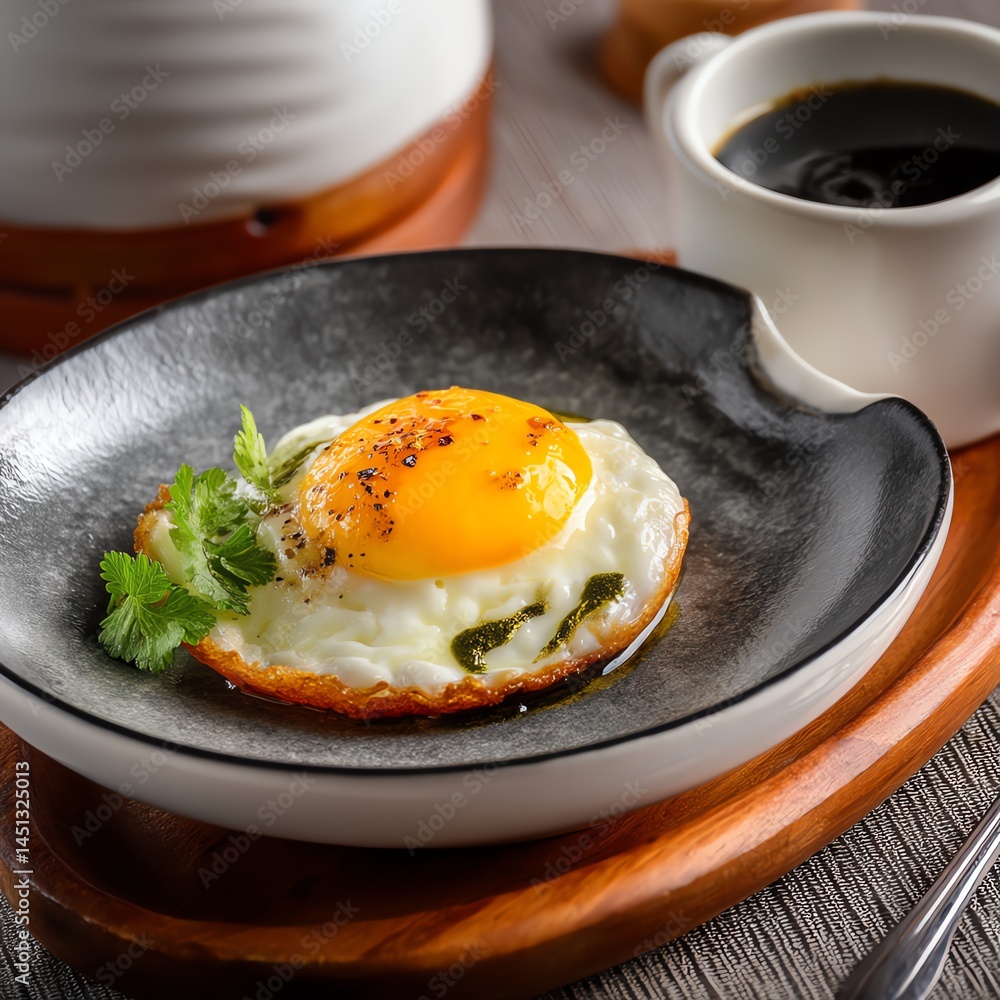 Delicious fried egg with a golden yolk on a black plate, served with herbs and coffee.