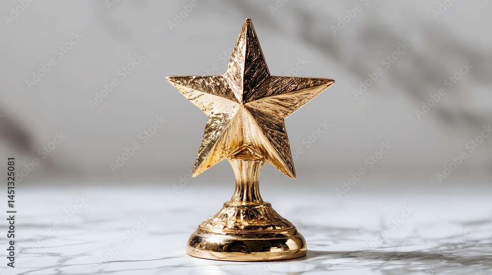 Gold star trophy on a marble surface, symbolizing achievement and recognition.