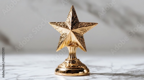 Obraz na płótnie Gold star trophy on a marble surface, symbolizing achievement and recognition. w salonie