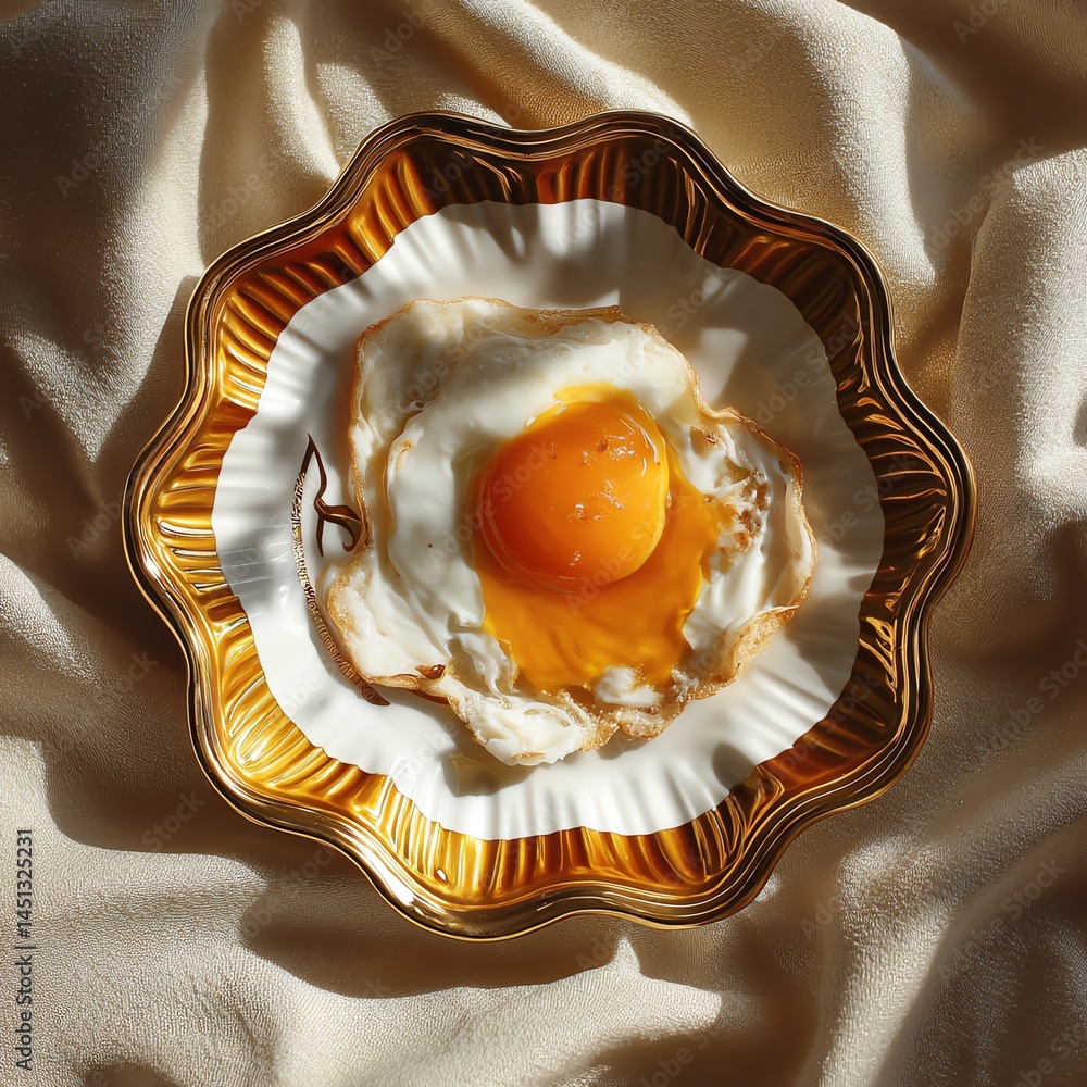 Fried egg on an elegant plate with a soft fabric background.
