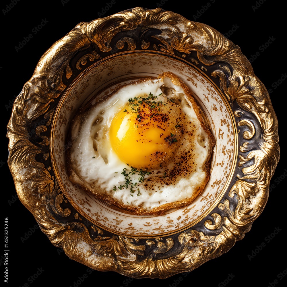 Fried egg served in an ornate vintage bowl on a black background.