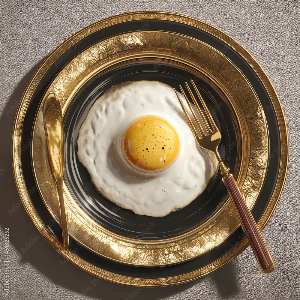 Elegant fried egg on a decorative plate with golden cutlery.