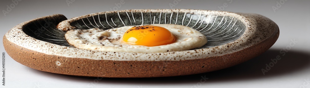 Fried egg on a textured ceramic plate, elegant presentation.
