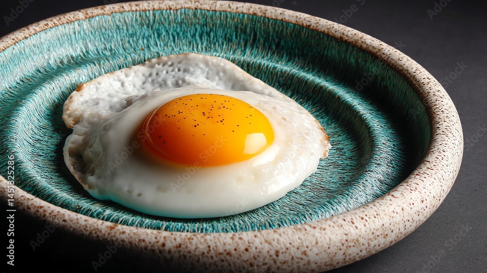 Fried egg on a decorative plate against a dark background.