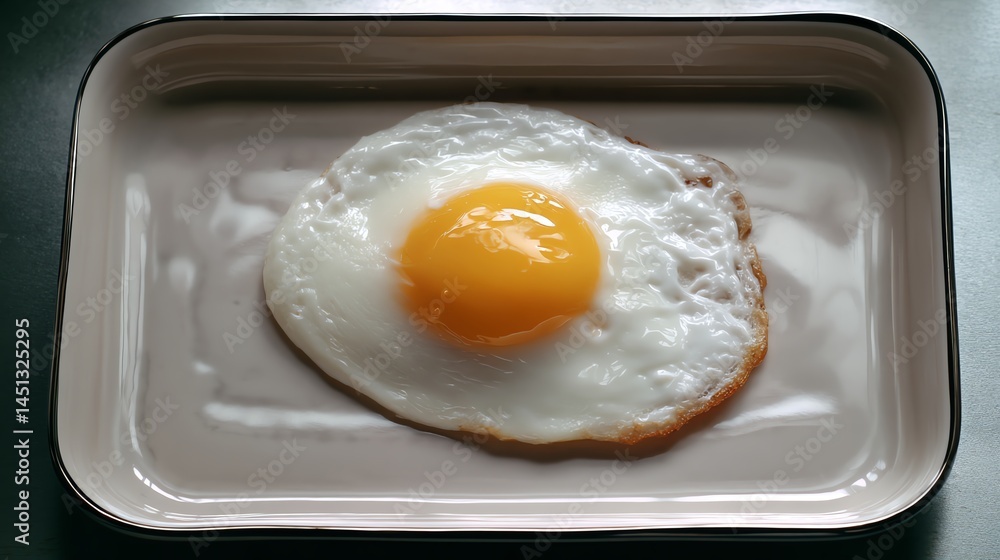 Fried egg on a beige plate, vivid yolk and crispy edges against a dark background.