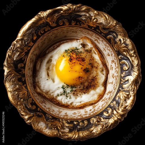 Obraz na płótnie Fried egg served in an ornate vintage bowl on a black background. w salonie
