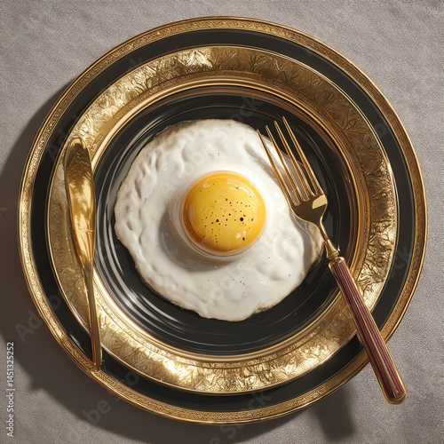 Obraz na płótnie Elegant fried egg on a decorative plate with golden cutlery. w salonie