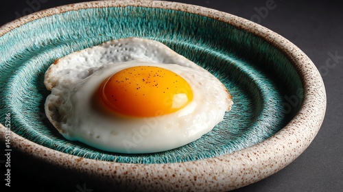Obraz na płótnie Fried egg on a decorative plate against a dark background. w salonie