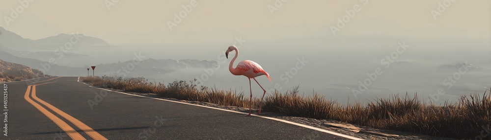 Flamingo standing beside a scenic road with ocean view in the background.