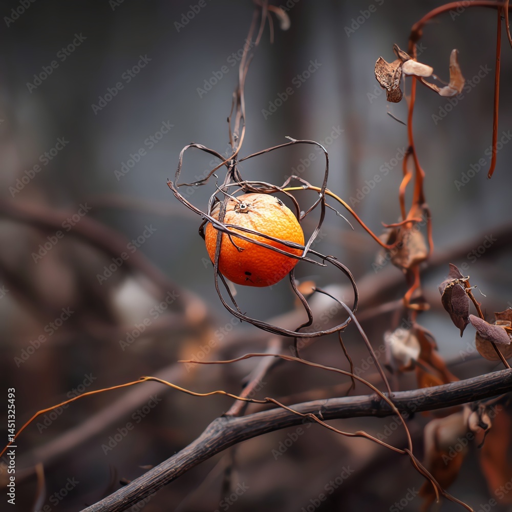 A vibrant orange fruit entangled in dried vines and branches, nature's intricate weave.