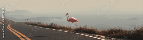 Obraz na płótnie Flamingo standing beside a scenic road with ocean view in the background. w salonie