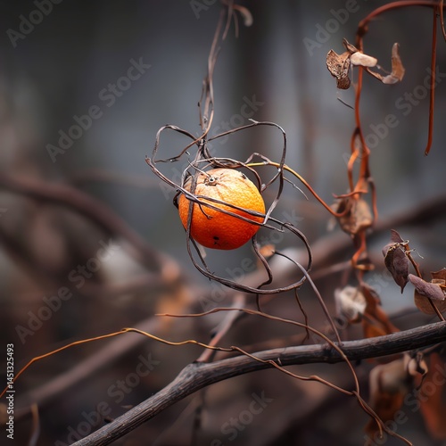 Obraz na płótnie A vibrant orange fruit entangled in dried vines and branches, nature's intricate weave. w salonie